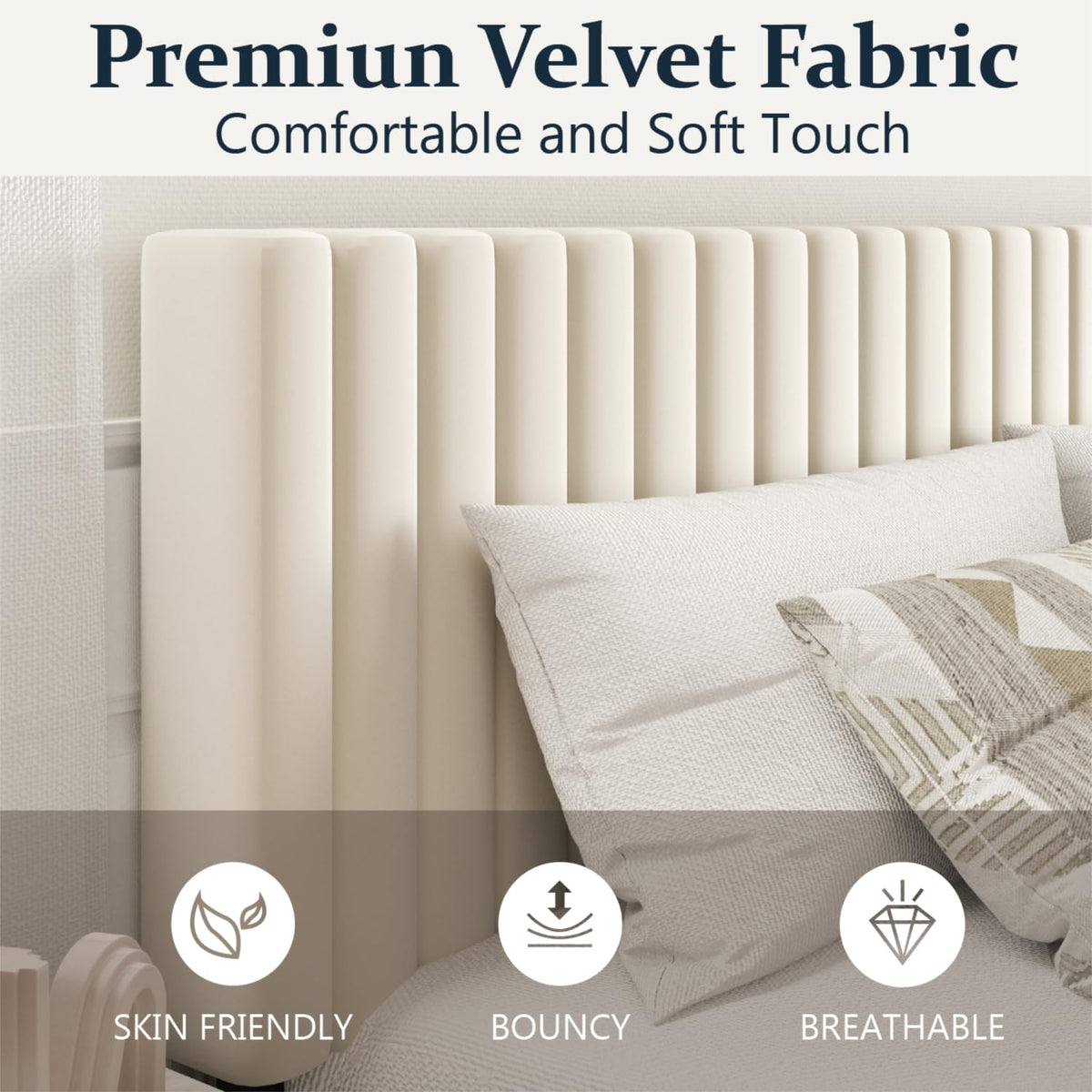 King Size Platform Bed Frame Velvet Upholstered Headboard