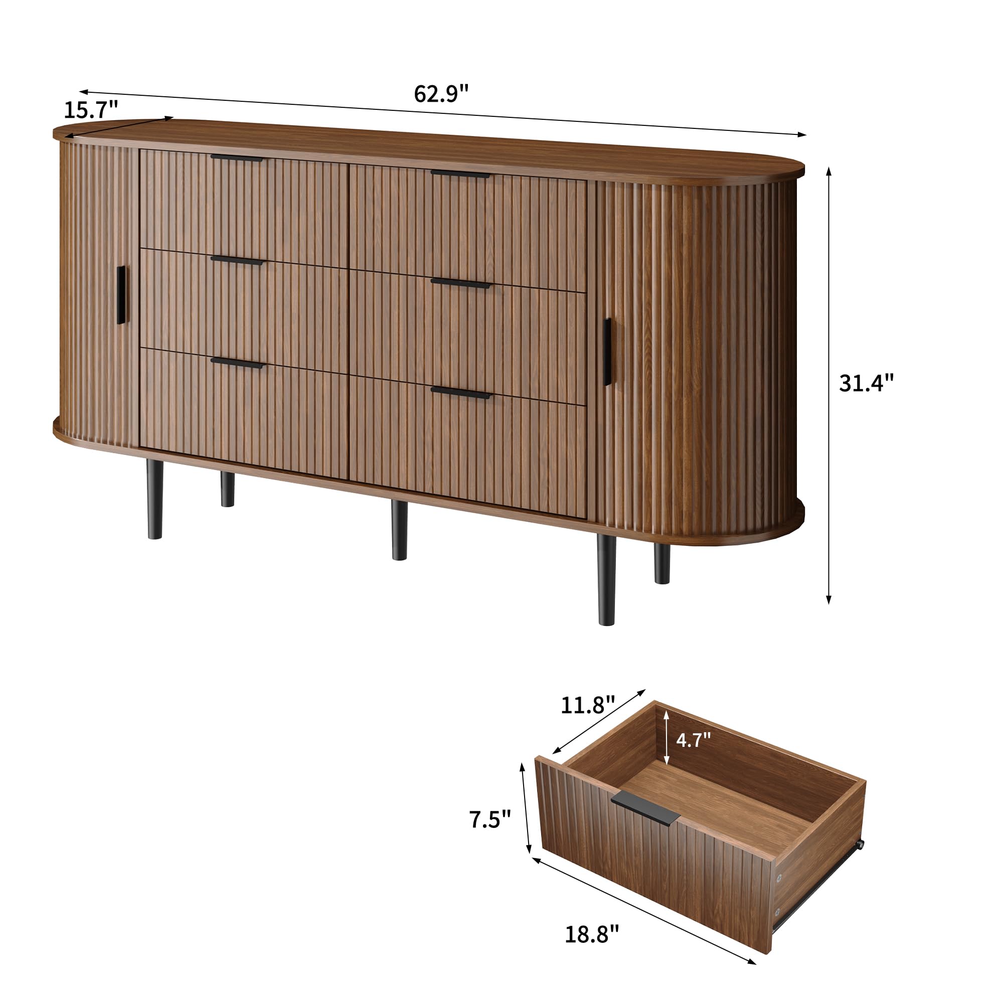 Fluted 6 Drawer Dresser 63" Wide with Metal Handles