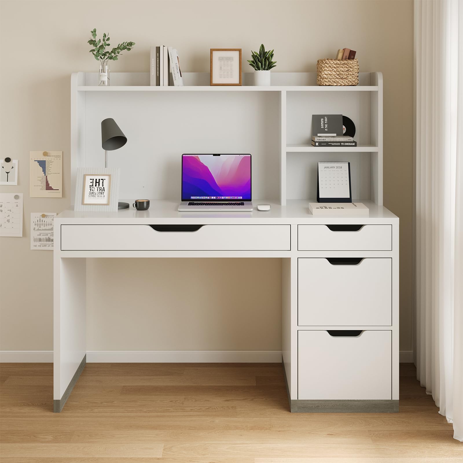 White Desk with Hutch and Drawers 53 Inch