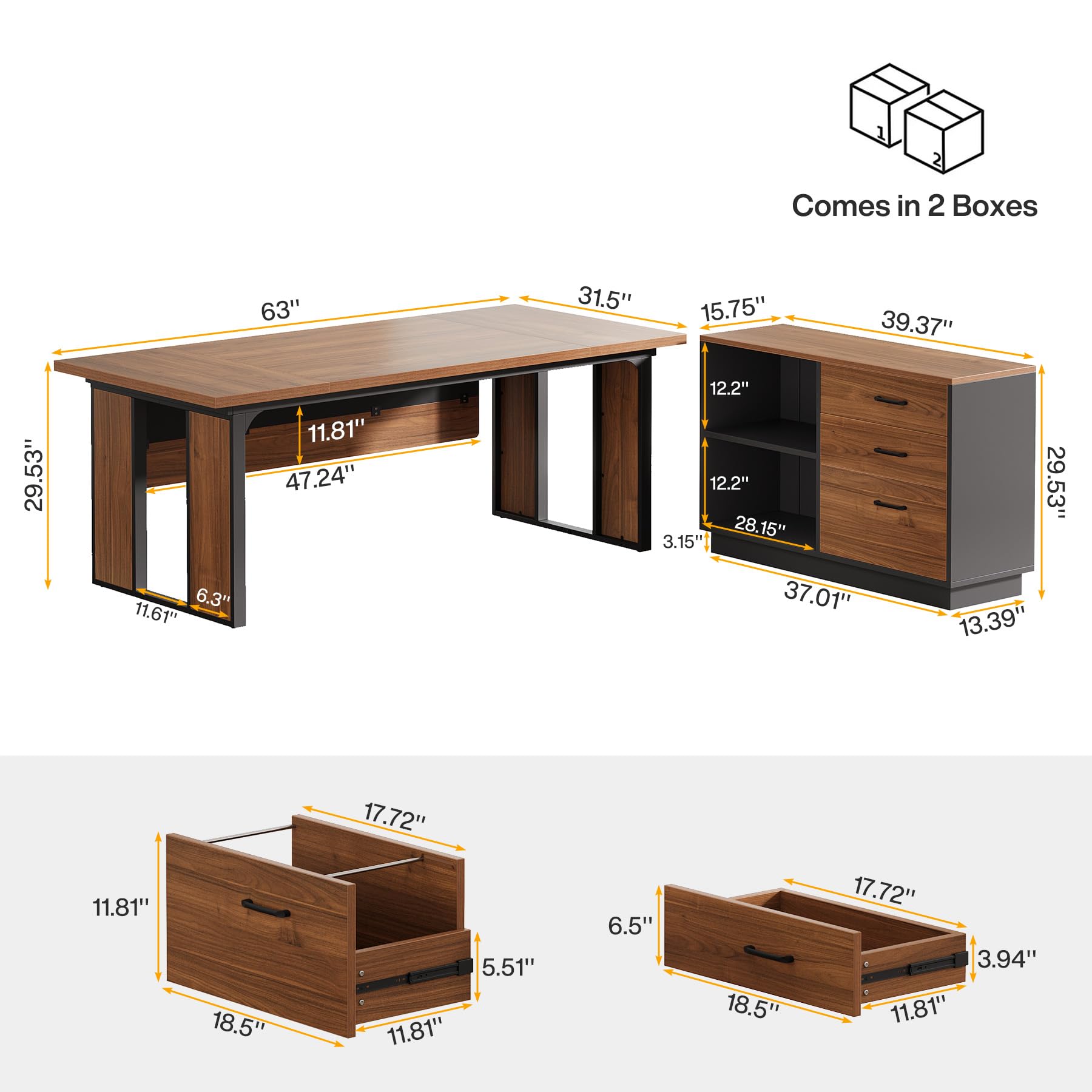 63'' L-Shaped Executive Desk with Drawers Cabinet and Storage Shelves