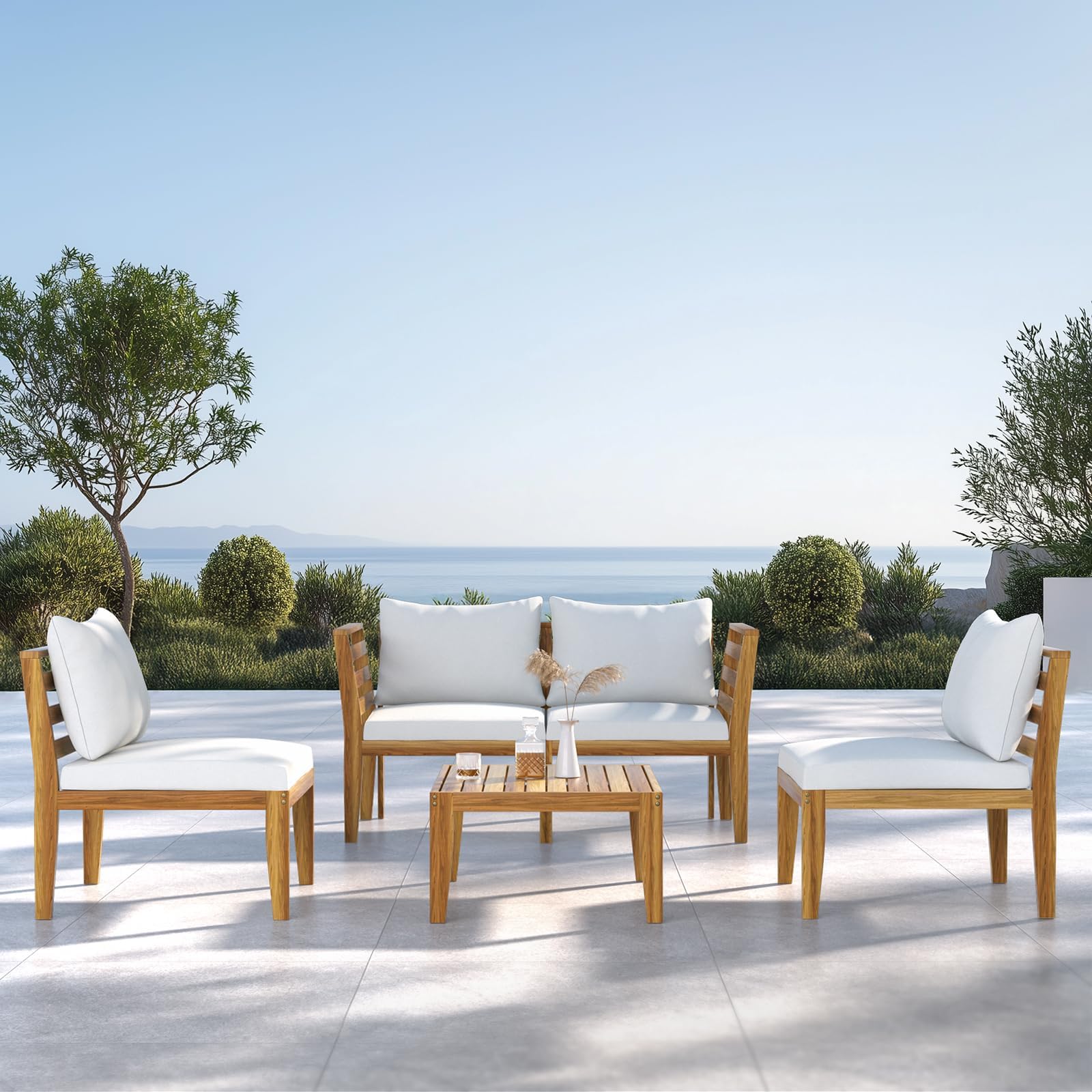 5 Piece Acacia Wood Patio Conversation Set with Waterproof Cushions