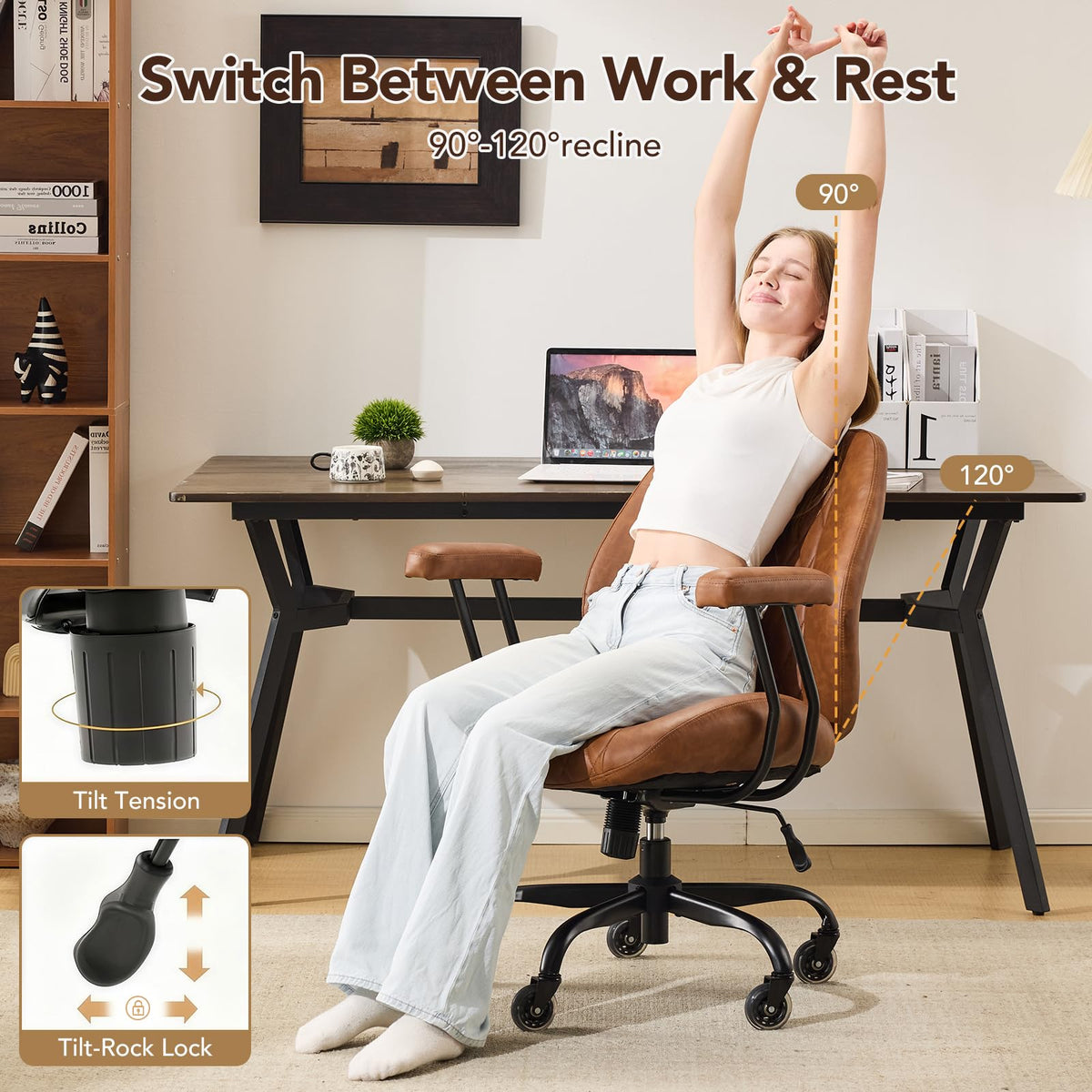 Ergonomic Office Chair Lumbar Support Brown Leather