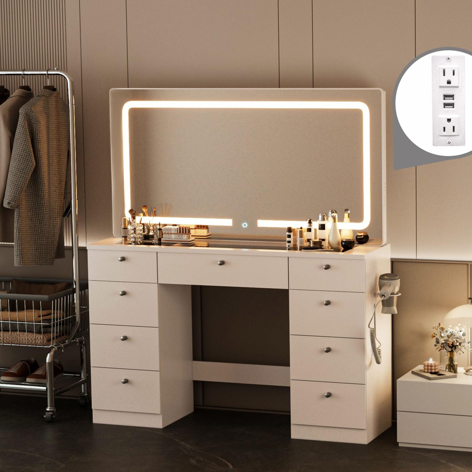 46 Inch Makeup Vanity Desk with Mirror and LED Lights