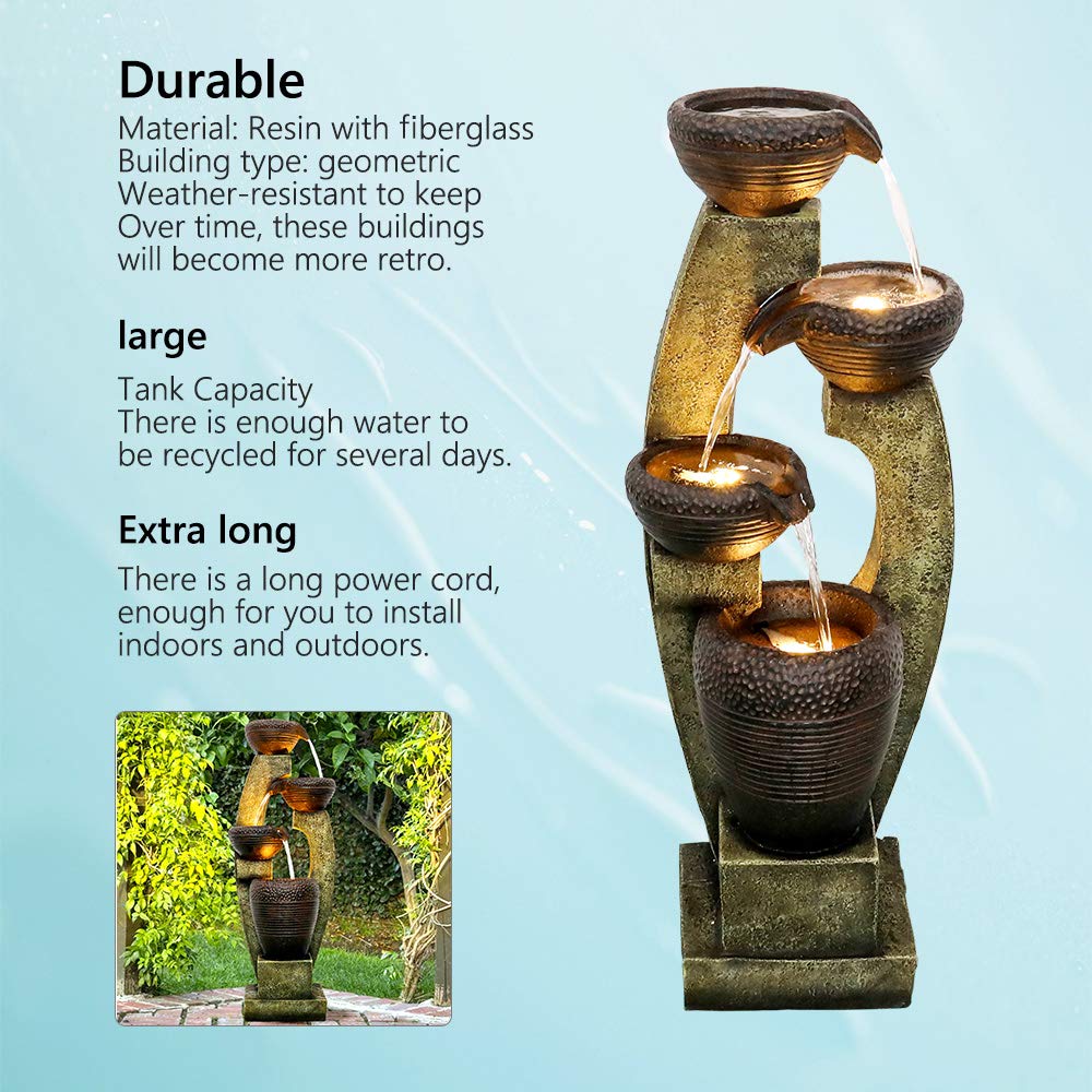 40-Inch Modern Outdoor Fountain with LED Light