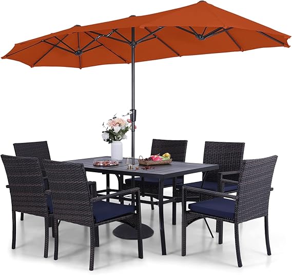 Sophia & William Patio Outdoor Table and Chairs Set with Umbrella Orange Red, Patio Dining Sets for 6, 7 Pieces Patio Table Set for Backyard Deck Porch Outside, Metal Table Rattan Chairs