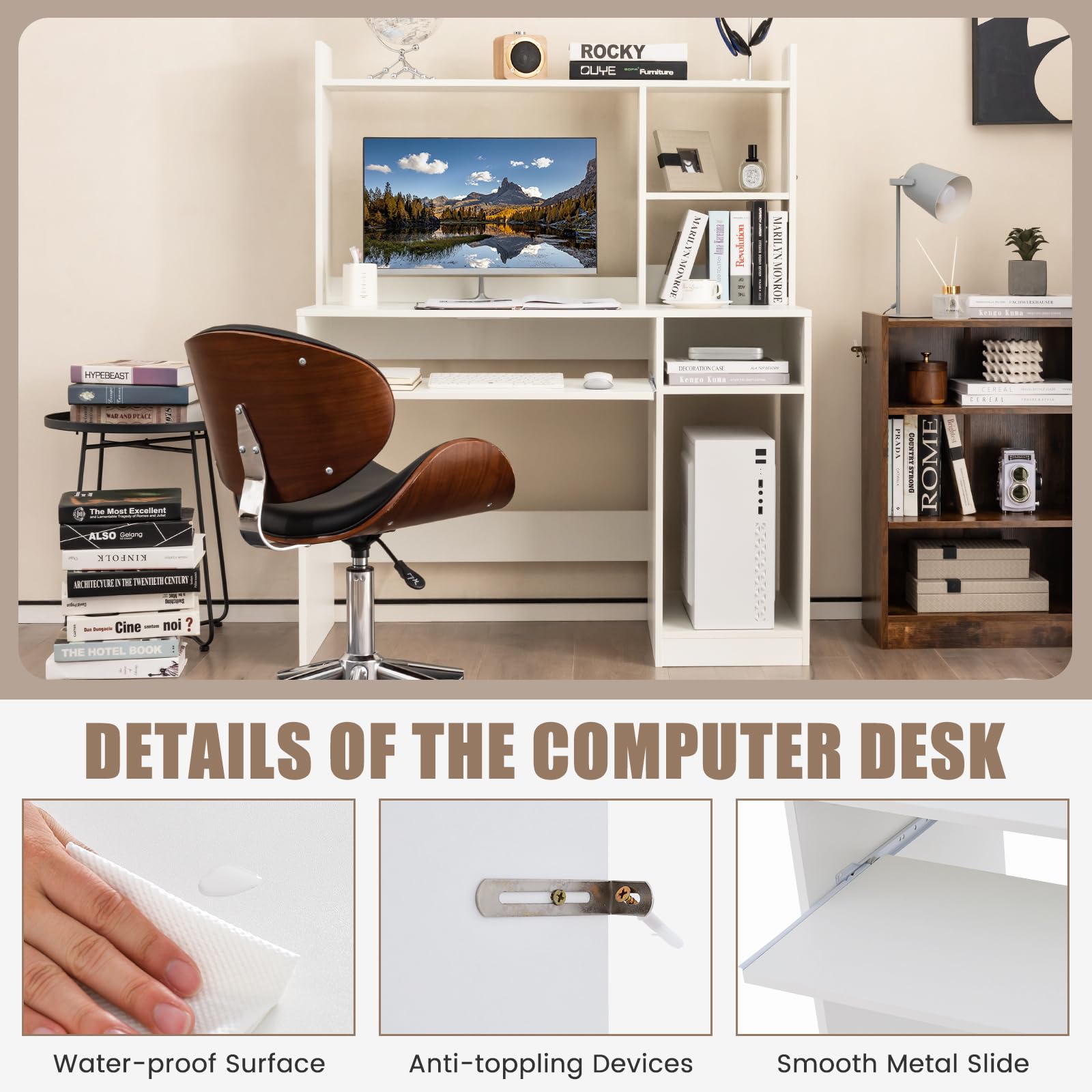 White Modern Computer Desk with Storage Shelf and Hutch