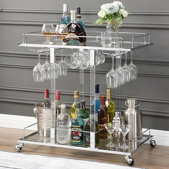 2-Tier Acrylic Rolling Bar Cart with Wine Rack