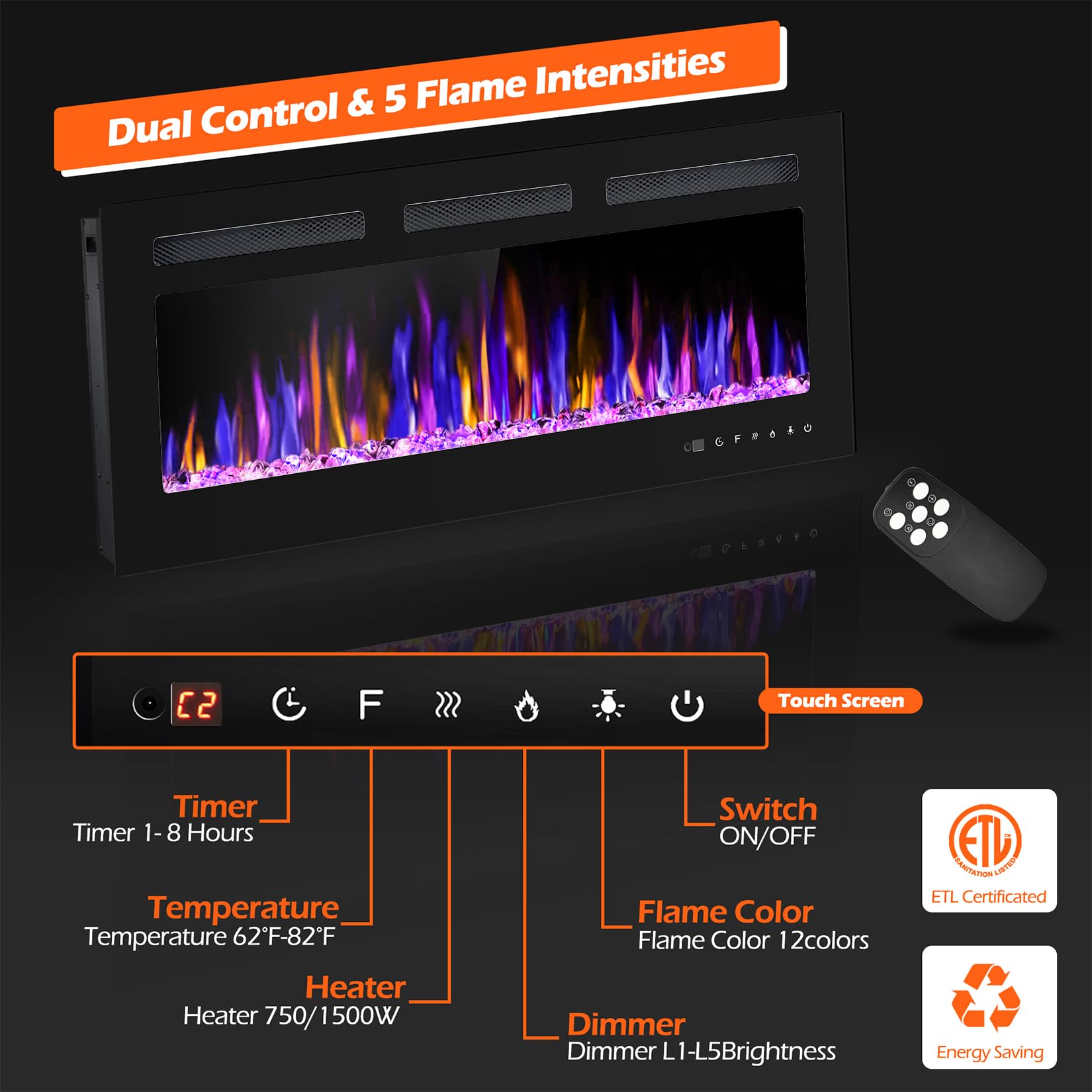40" Electric Fireplace Wall Mounted Recessed with Remote Control
