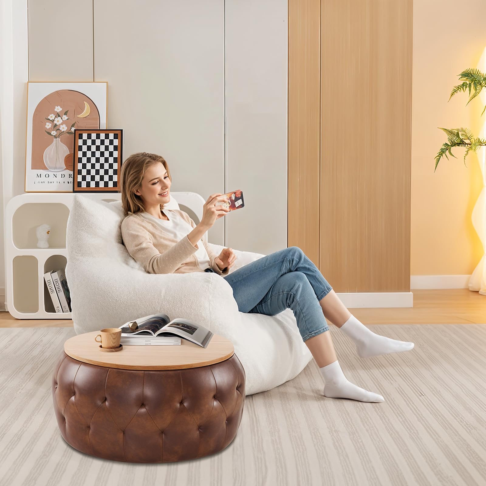 Round Storage Ottoman Coffee Table with Wooden Tabletop