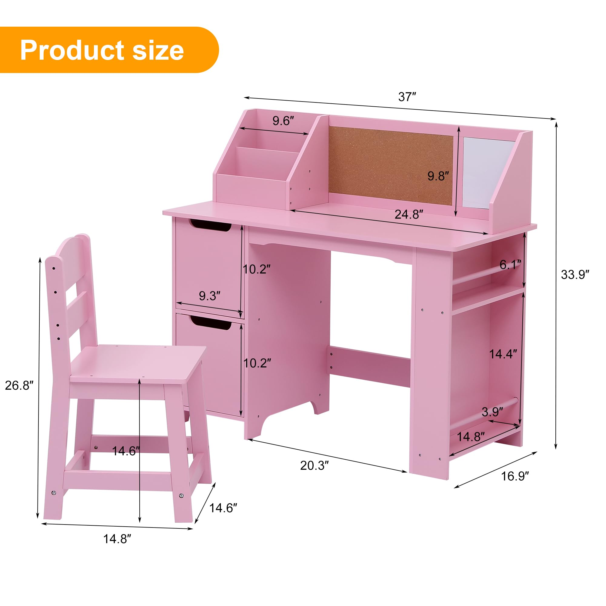 Kids Study Desk and Chair Set with Storage Hutch