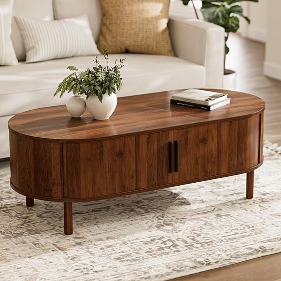 Oval Coffee Table with Sliding Door Cabinets