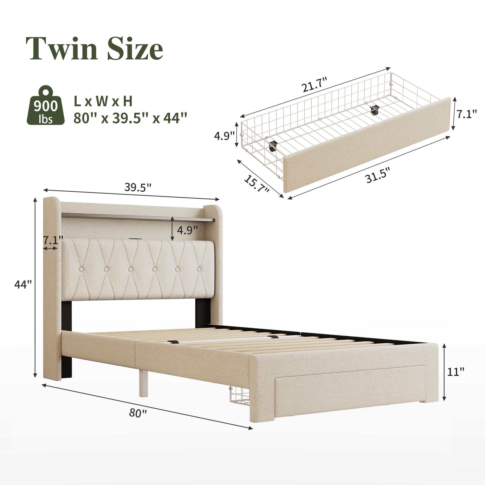 Twin Upholstered Platform Bed with LED Lights