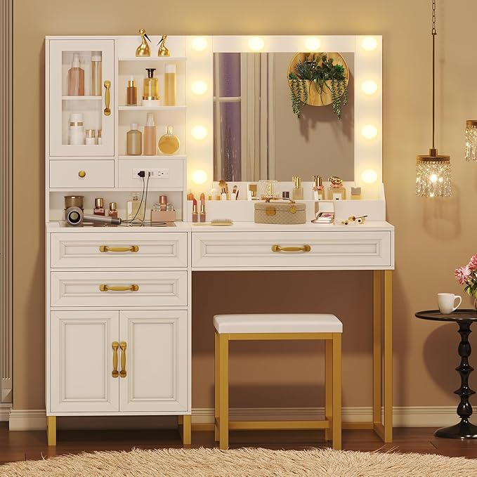 Makeup Vanity Desk with Lighted Mirror and Charging Station