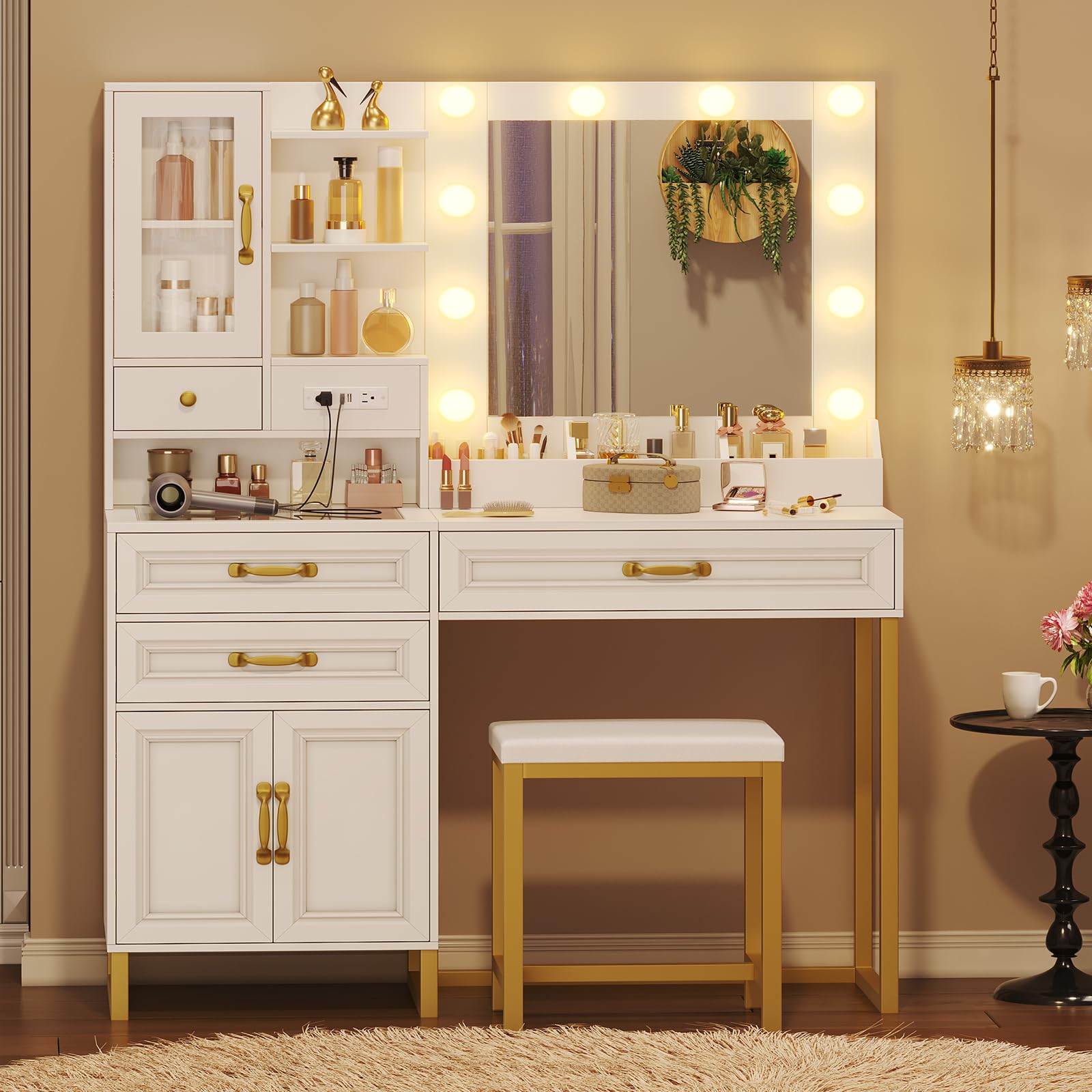 Makeup Vanity Desk with Lighted Mirror and Charging Station