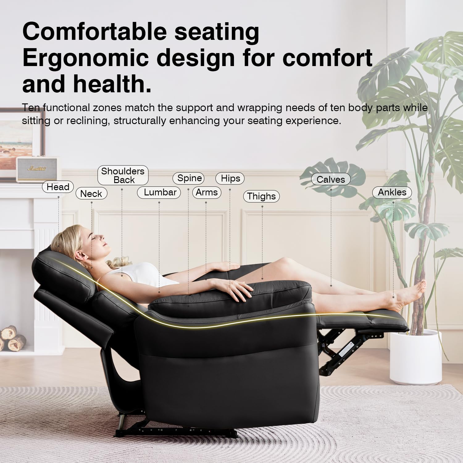 AIRSKY Genuine Leather Recliner Chair, Top Grain Leather, Italian Water-Washing Process, Reclining Sofa Chair for Reading, Single Sofas for Living Room, Theater Seating, Bedroom. Black,R1