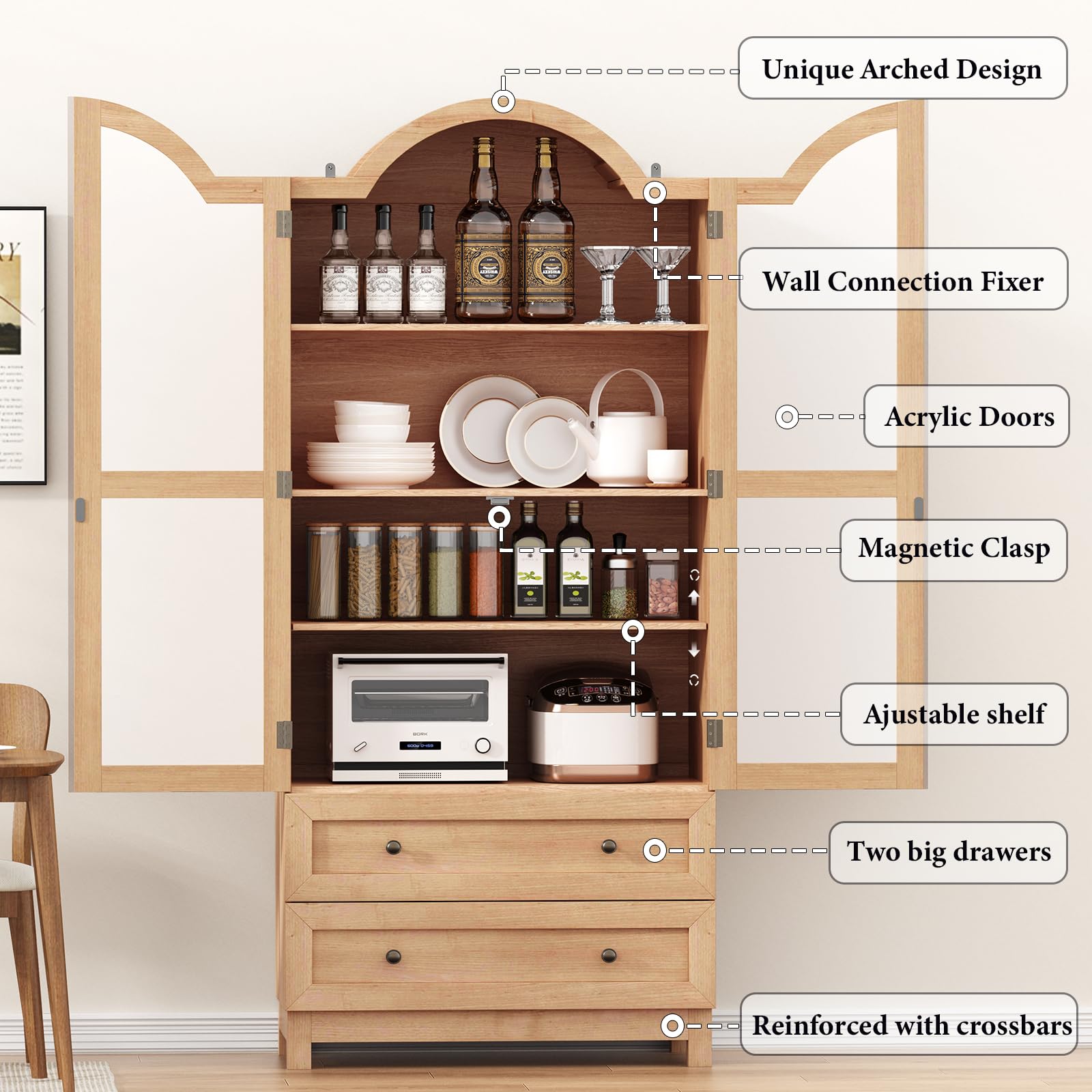 Tall Arched Pantry Cabinet with Drawers