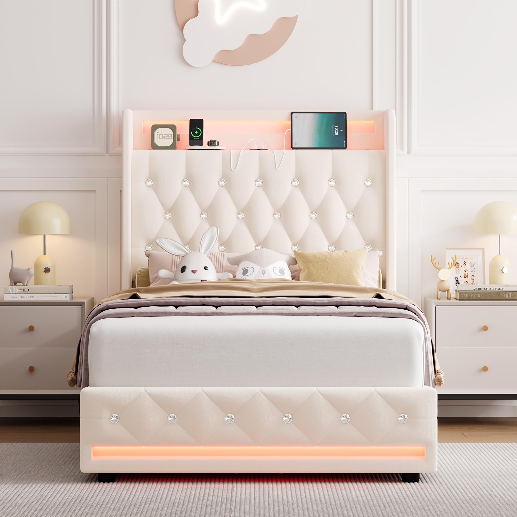 Twin LED Bed Frame with Charging Station & Storage Drawers