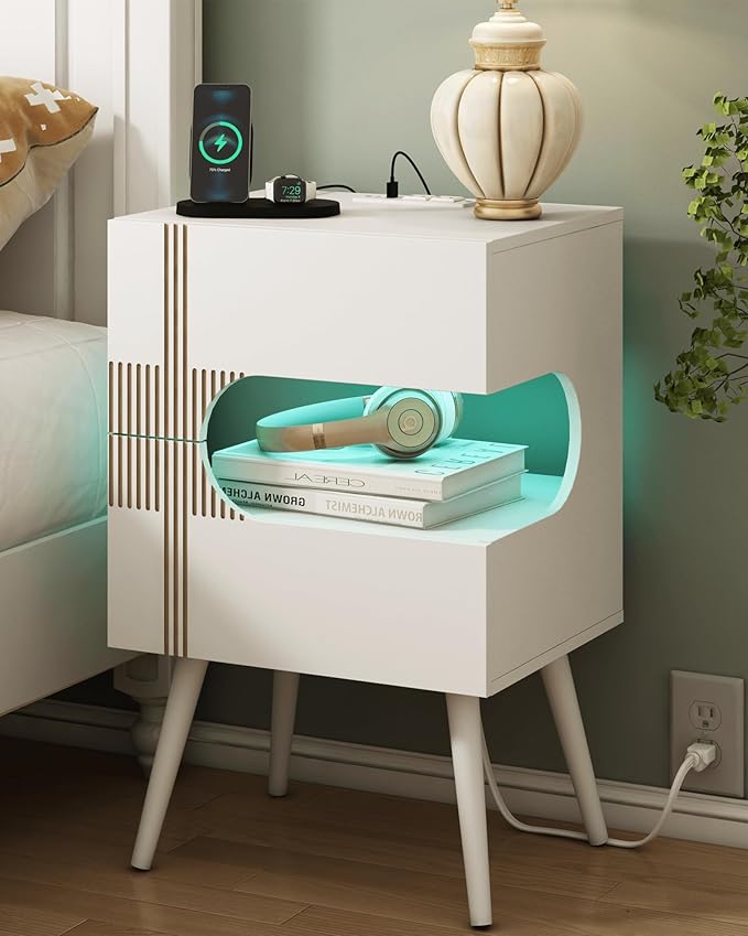 Nightstand with Charging Station and LED Lights