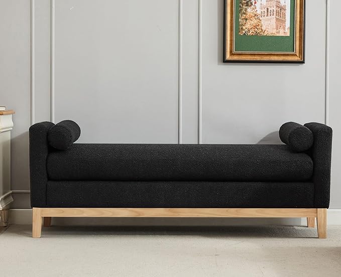 Oversize Boucle Bench Ottoman with 2 Bolster Pillows