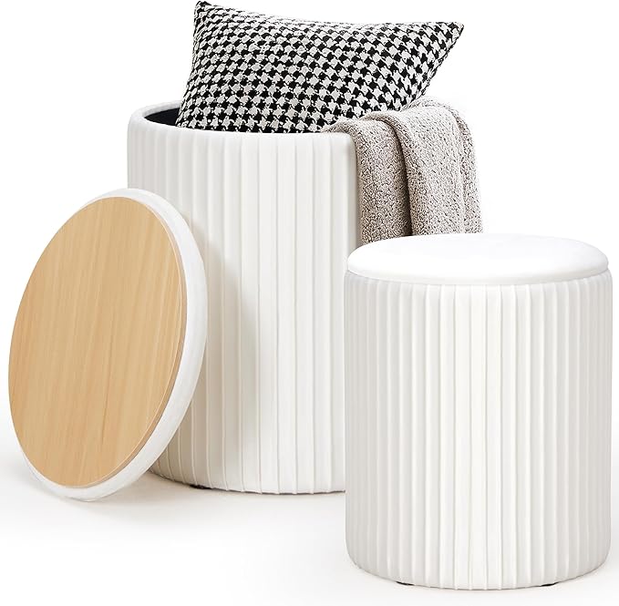 Round Ottoman Storage Set of 2 Black Velvet