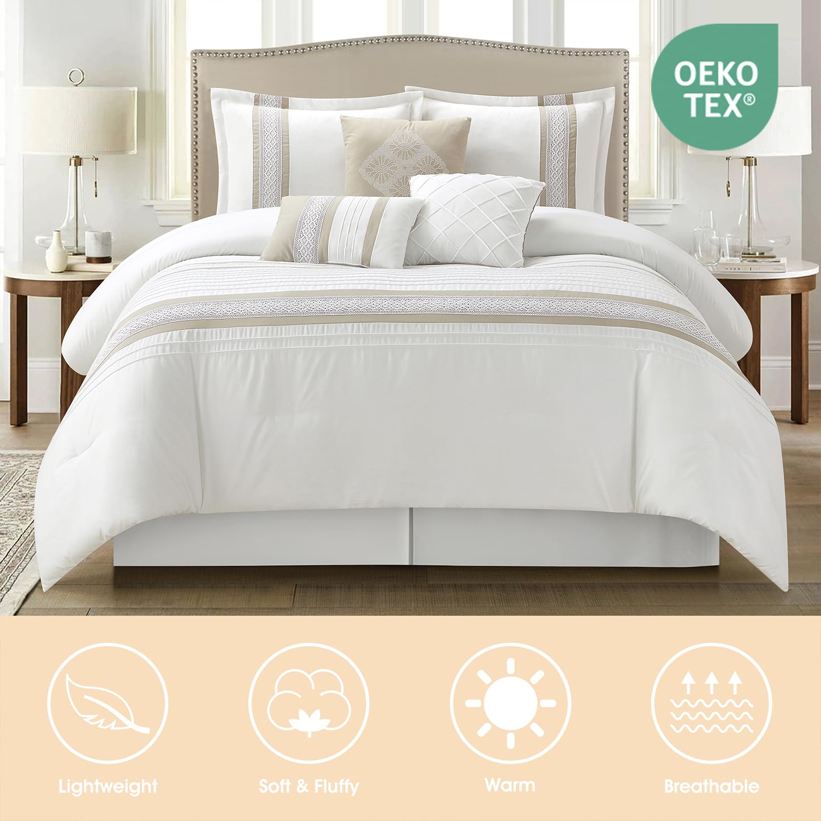 7 Piece Queen Comforter Set Taupe White Boho Geometric Embroidery
