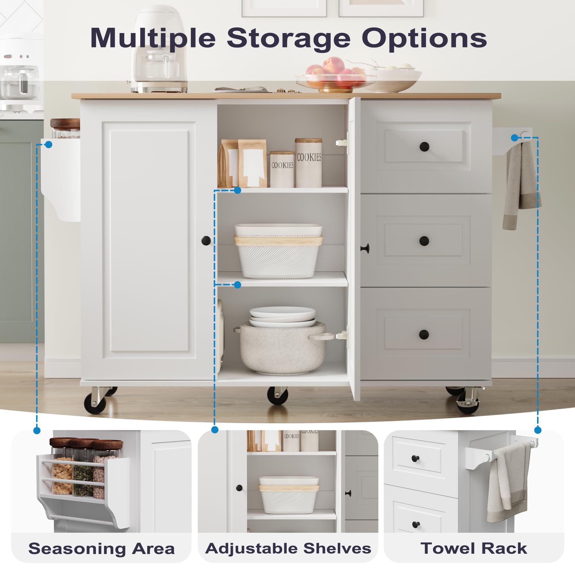 Mobile Kitchen Island with Drop Leaf and Storage