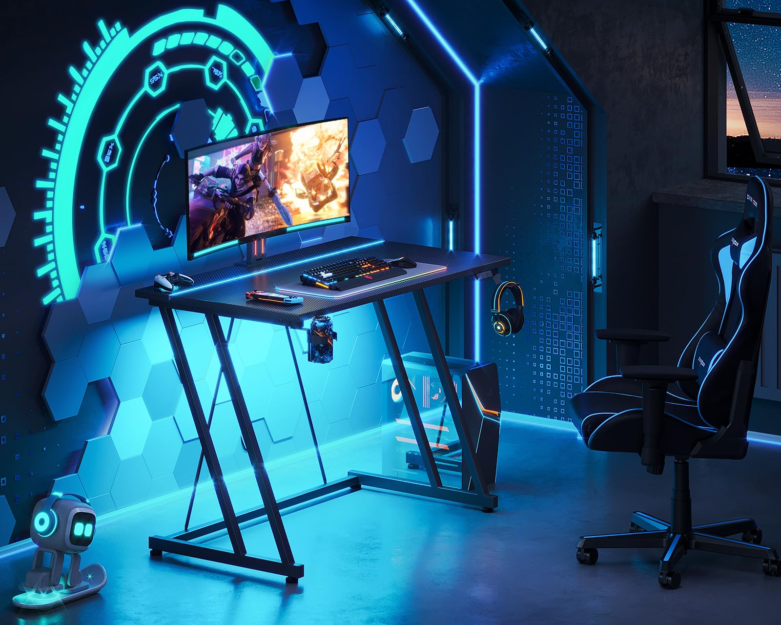 32 Inch Gaming Desk with LED Light and Carbon Fiber Texture
