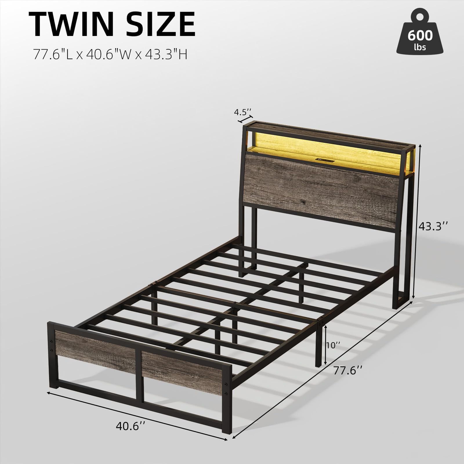 Twin Metal Bed Frame with LED Lights and Charging Station