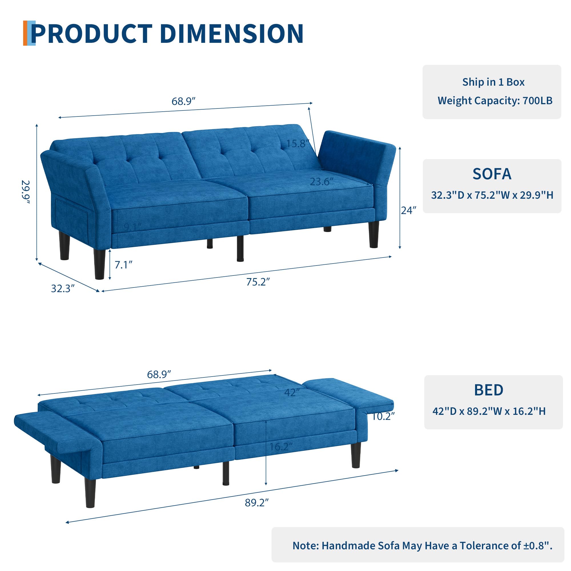 89" Convertible Futon Sofa Bed with Adjustable Backrest