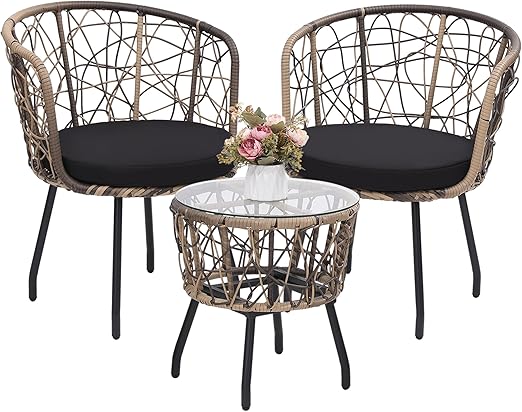 3 Piece Bistro Set with Tempered Glass Table and Wicker Chairs