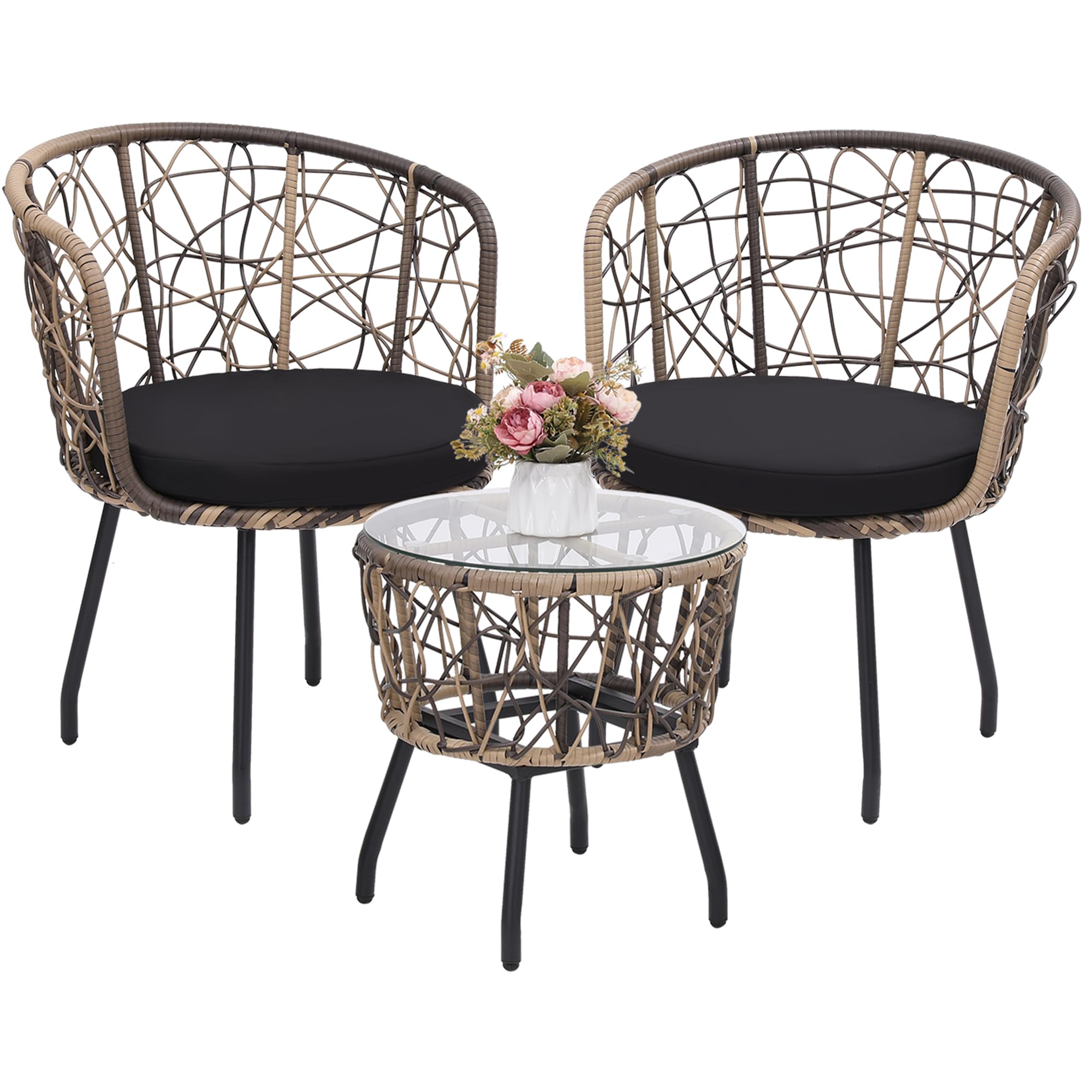 3 Piece Bistro Set with Tempered Glass Table and Wicker Chairs