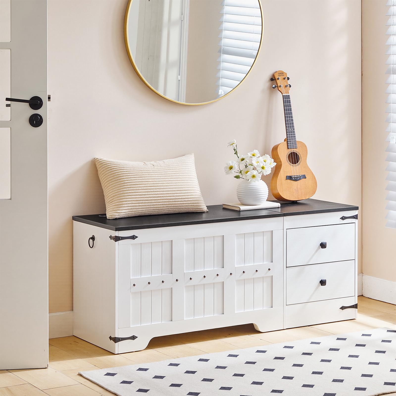 Storage Bench with Dual Drawers and Safe Hinge