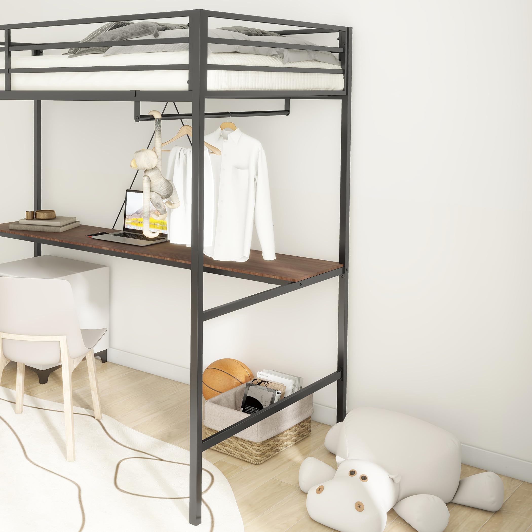 Twin Metal Loft Bed with Ladder and Guard Rails