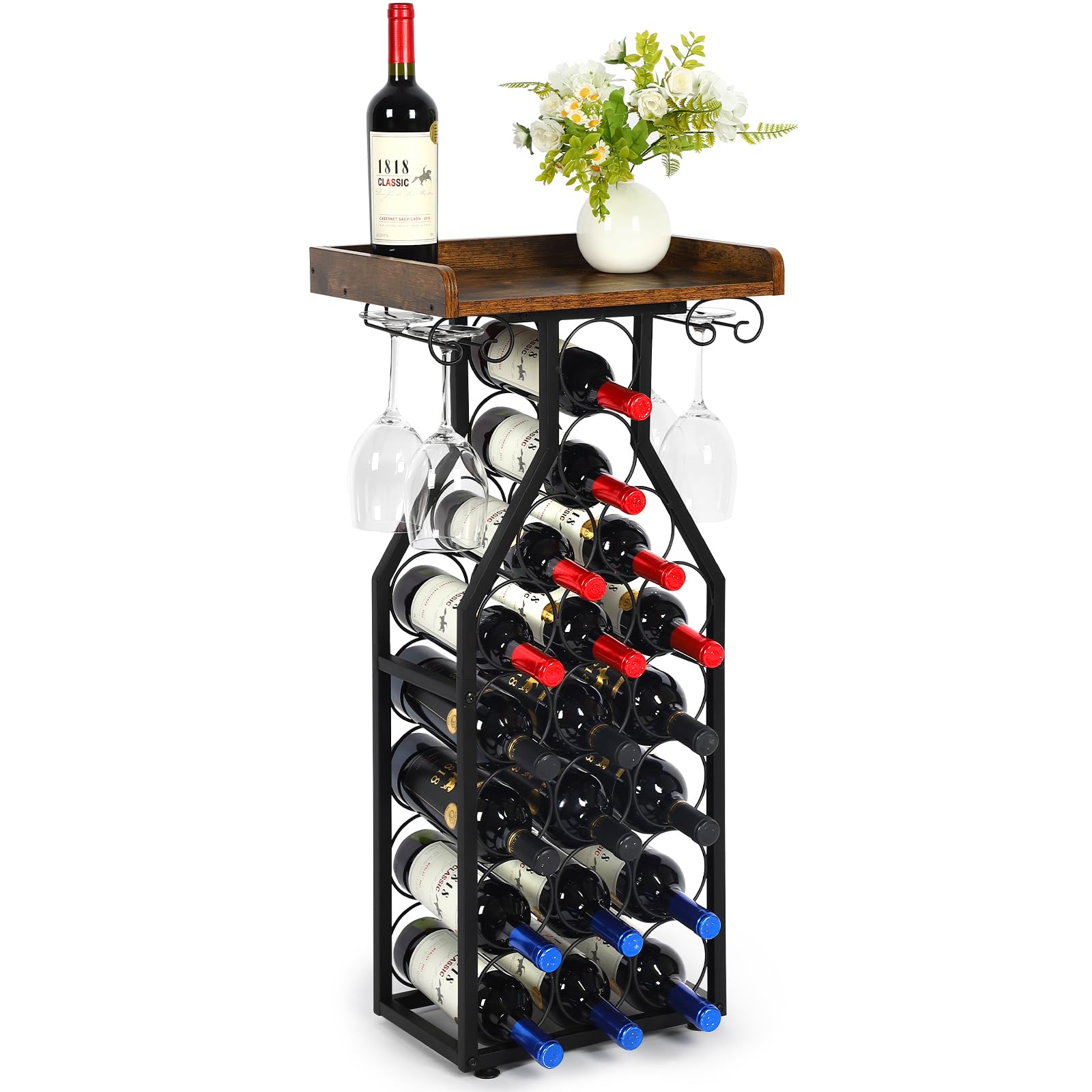 19-Bottle Wine Rack with Glass Holder and Wood Tabletop