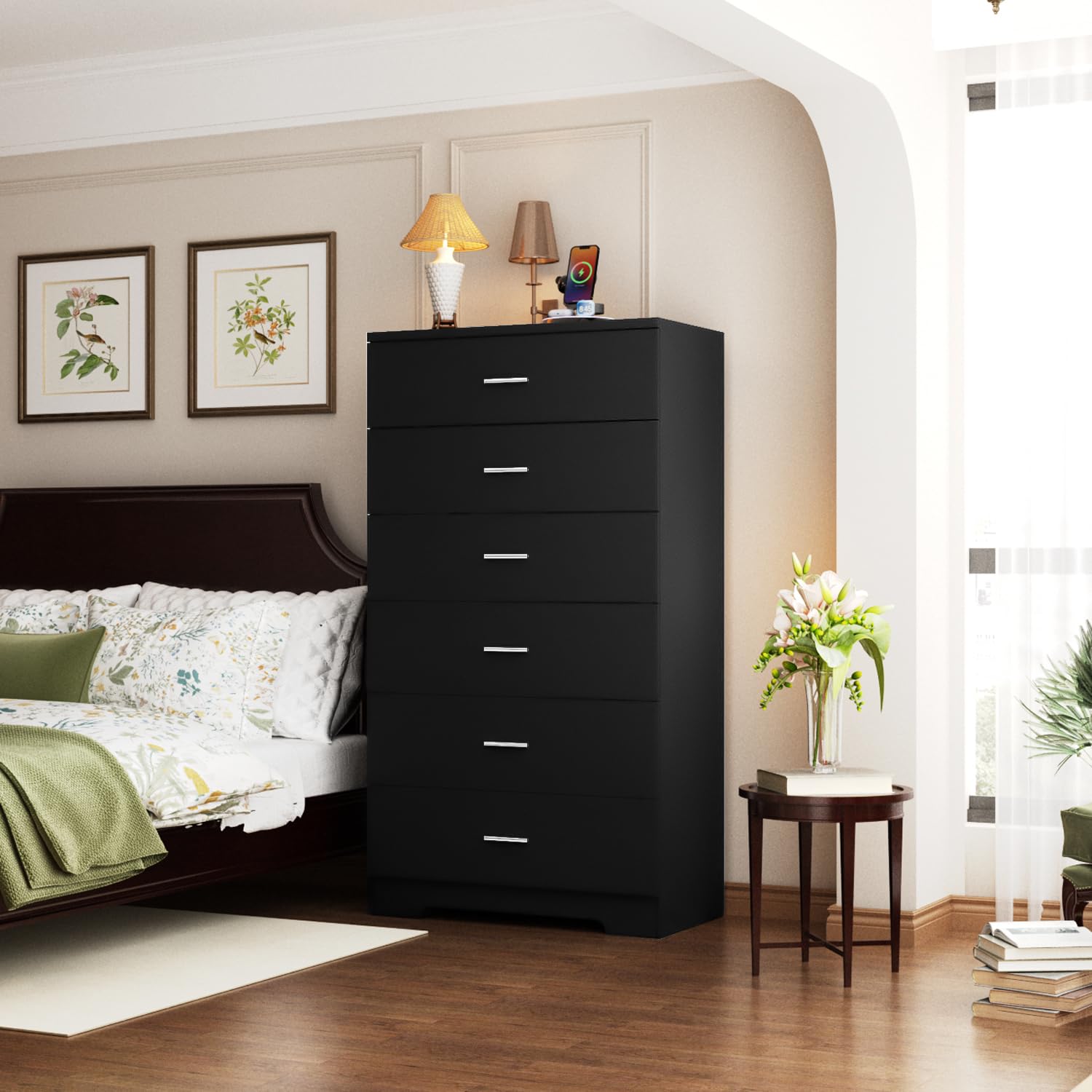 48" Tall Dresser with Charging Station - 6 Drawer Storage Organizer