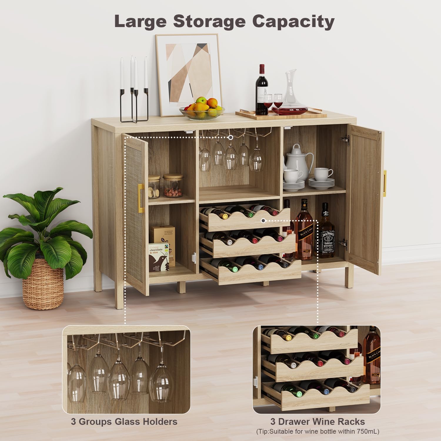 Rattan Wine Bar Cabinet with Glass Holder