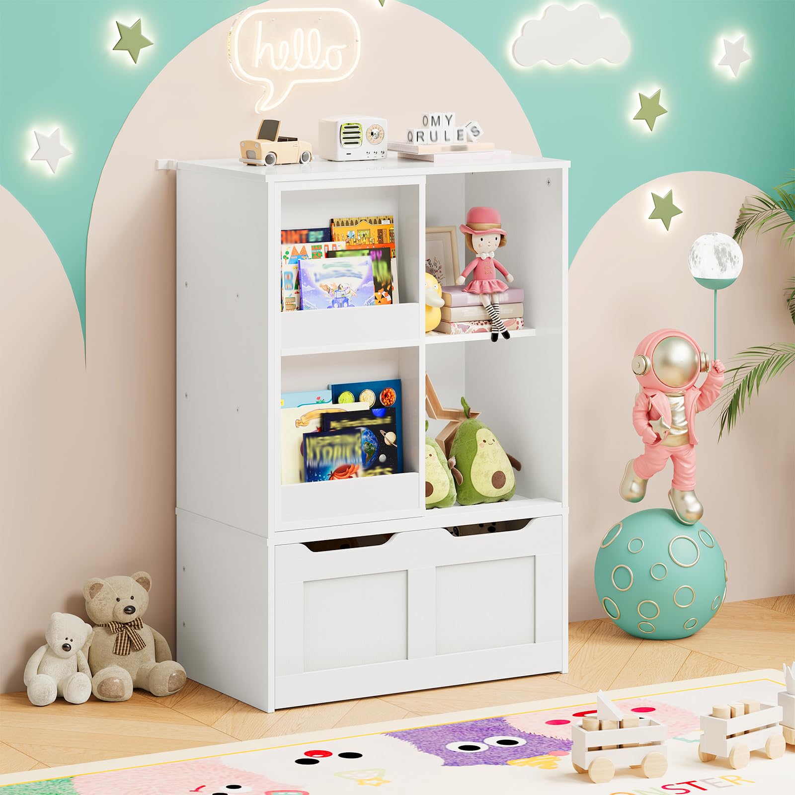 Toy Storage Organizer with Sliding Book Shelf and Movable Drawer