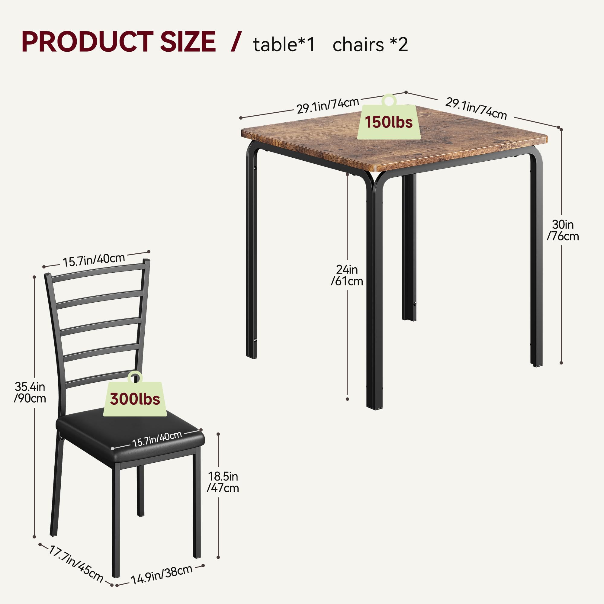 3-Piece Square Dining Table Set for 2