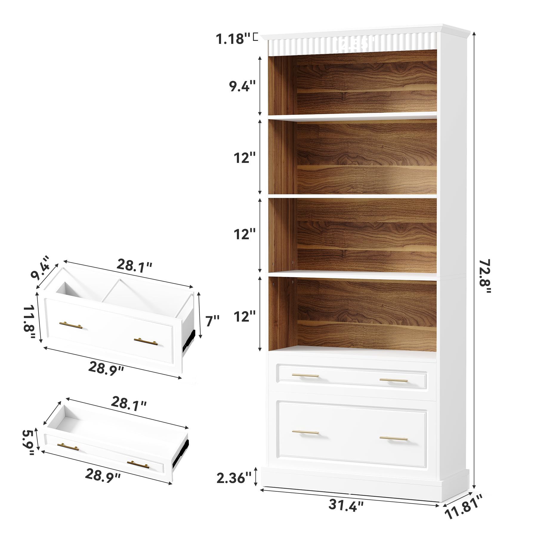 5-Tier Tall White Bookcase with Drawers