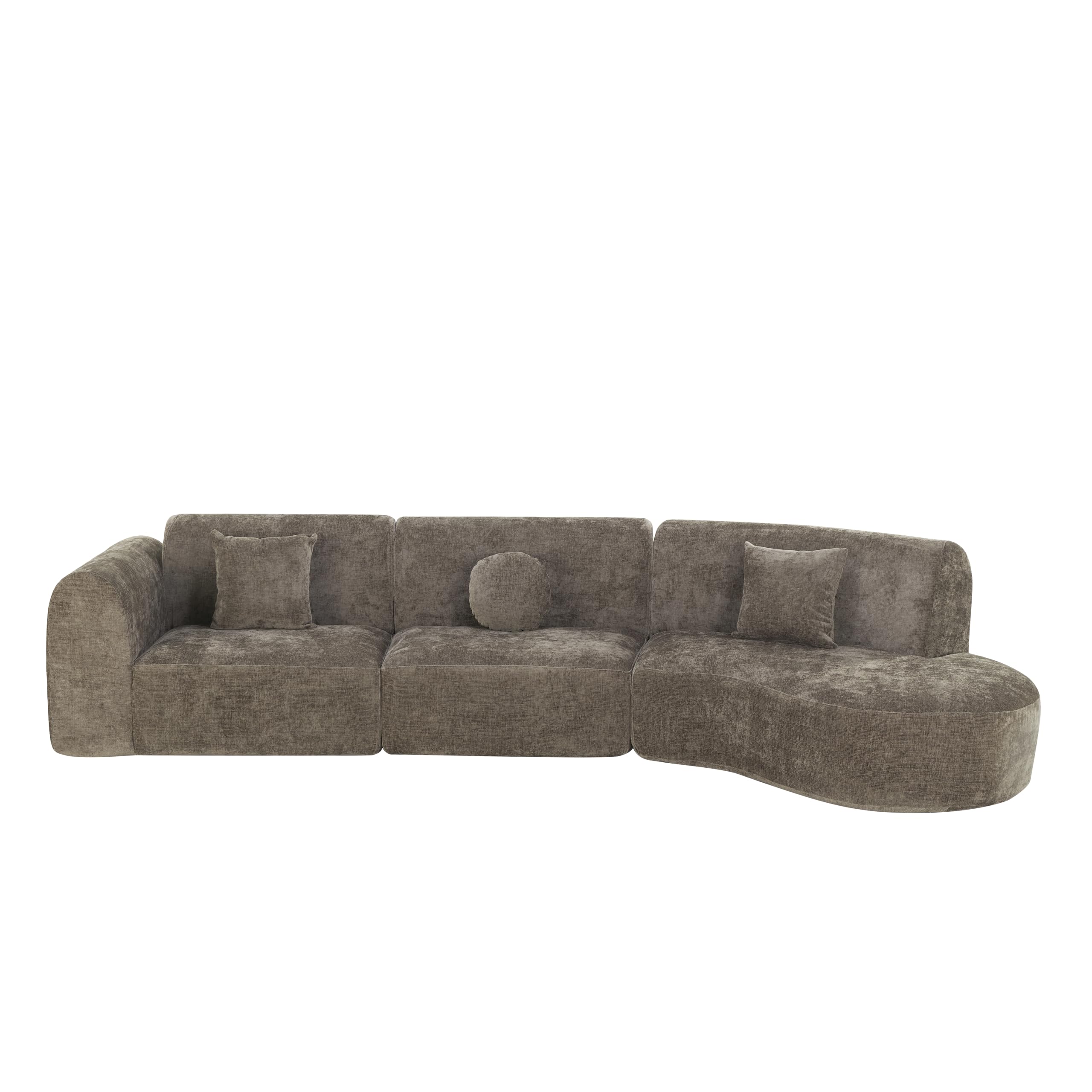 Merax 3-Piece 140" Curved Polyester Sectional Sofa Set, 7 Seat Modern Cloud Couch with Chaise Lounge,3 Pillows, Fully Assembled for Living Room, Dark Brown