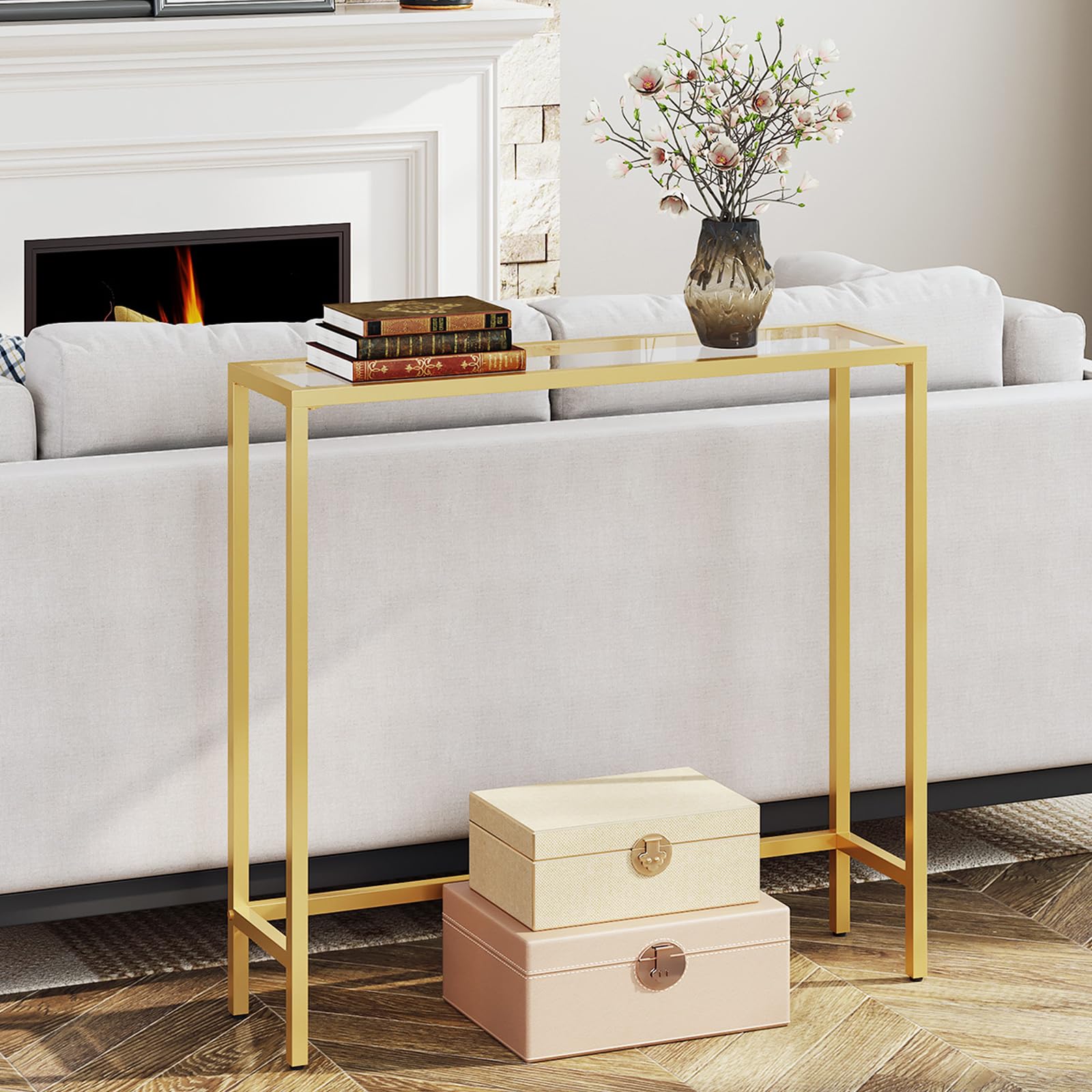 Narrow Console Table Tempered Glass Gold