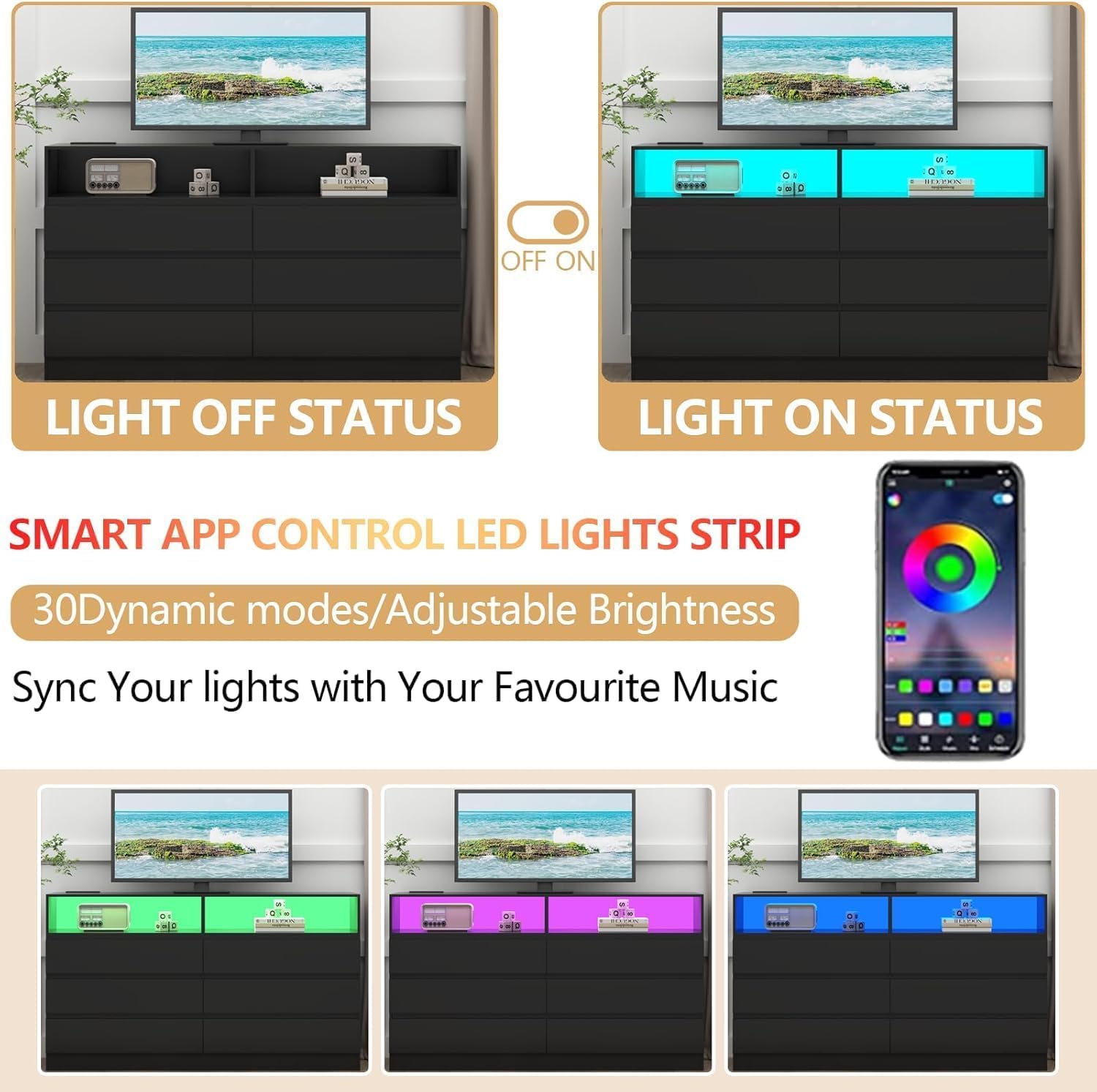 6 Drawer Dresser with Power Outlet and LED Lights