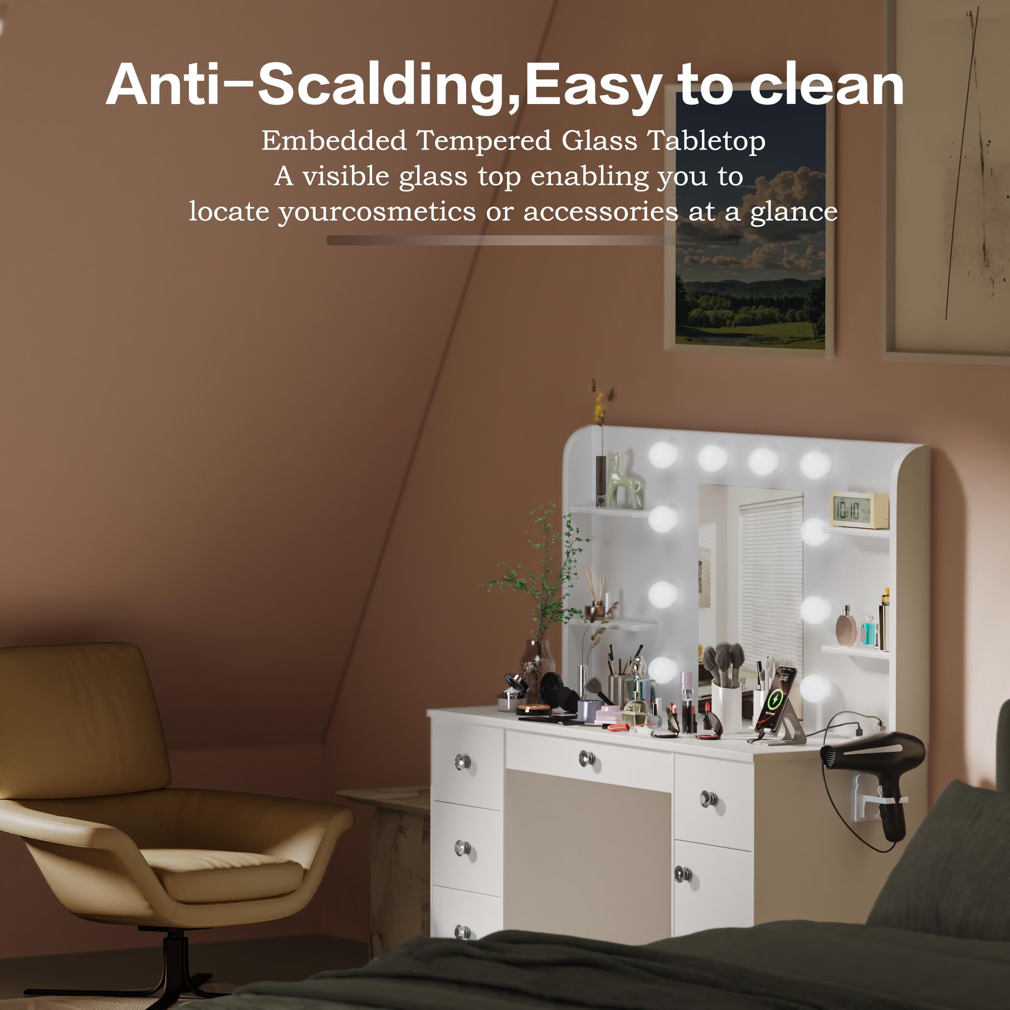 Makeup Vanity Desk with LED Mirror and Storage