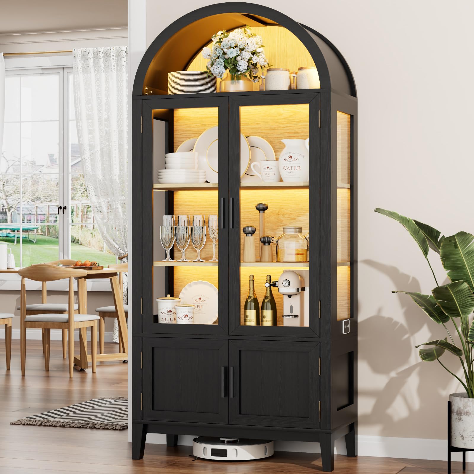 Arched Glass Door Pantry Cabinet with LED Lights