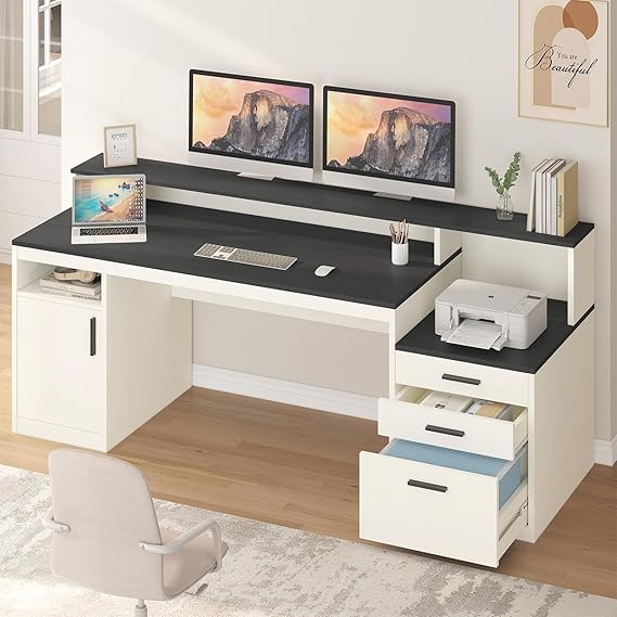 65 Inch Computer Desk with 3 Drawers and Storage Shelves