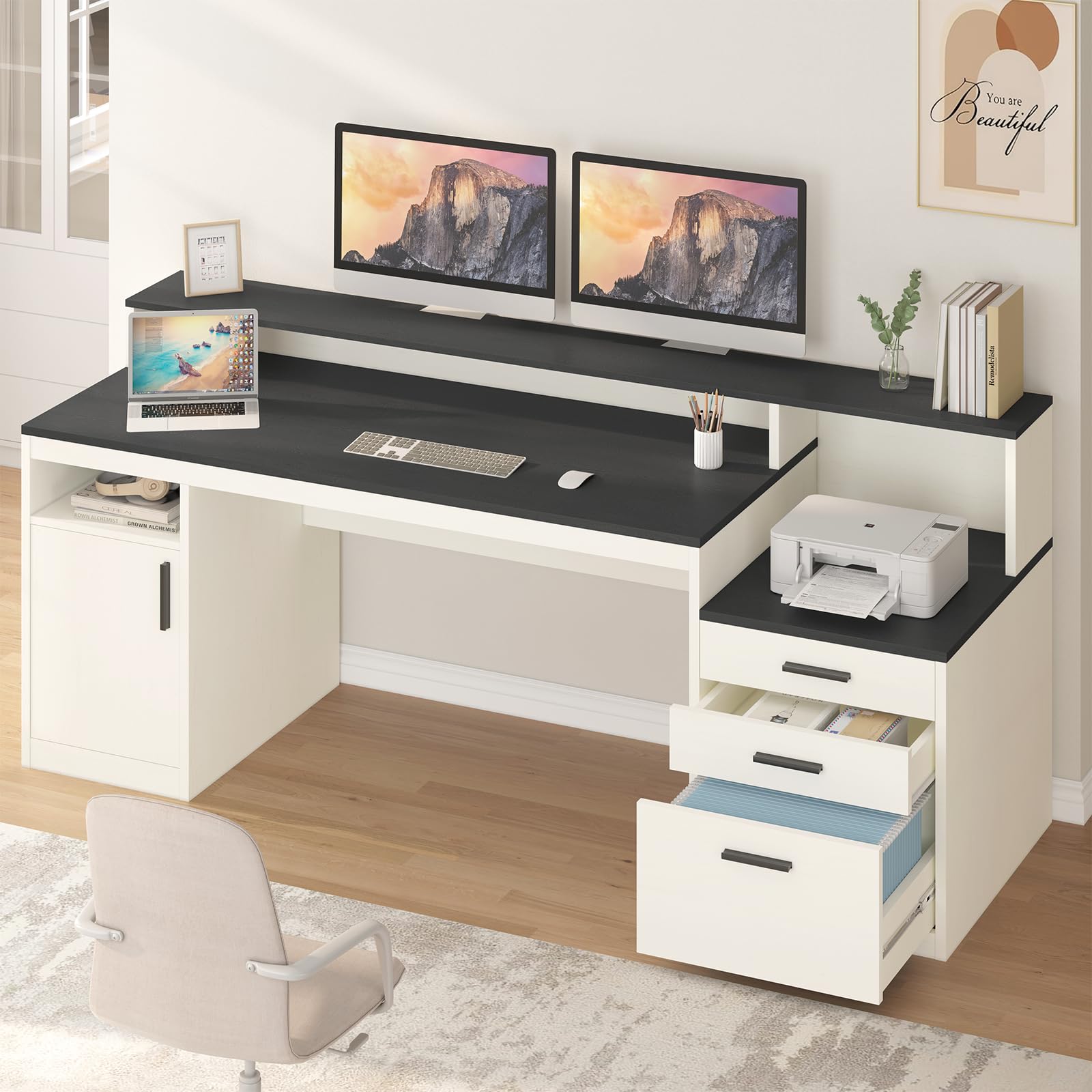 65 Inch Computer Desk with 3 Drawers and Storage Shelves