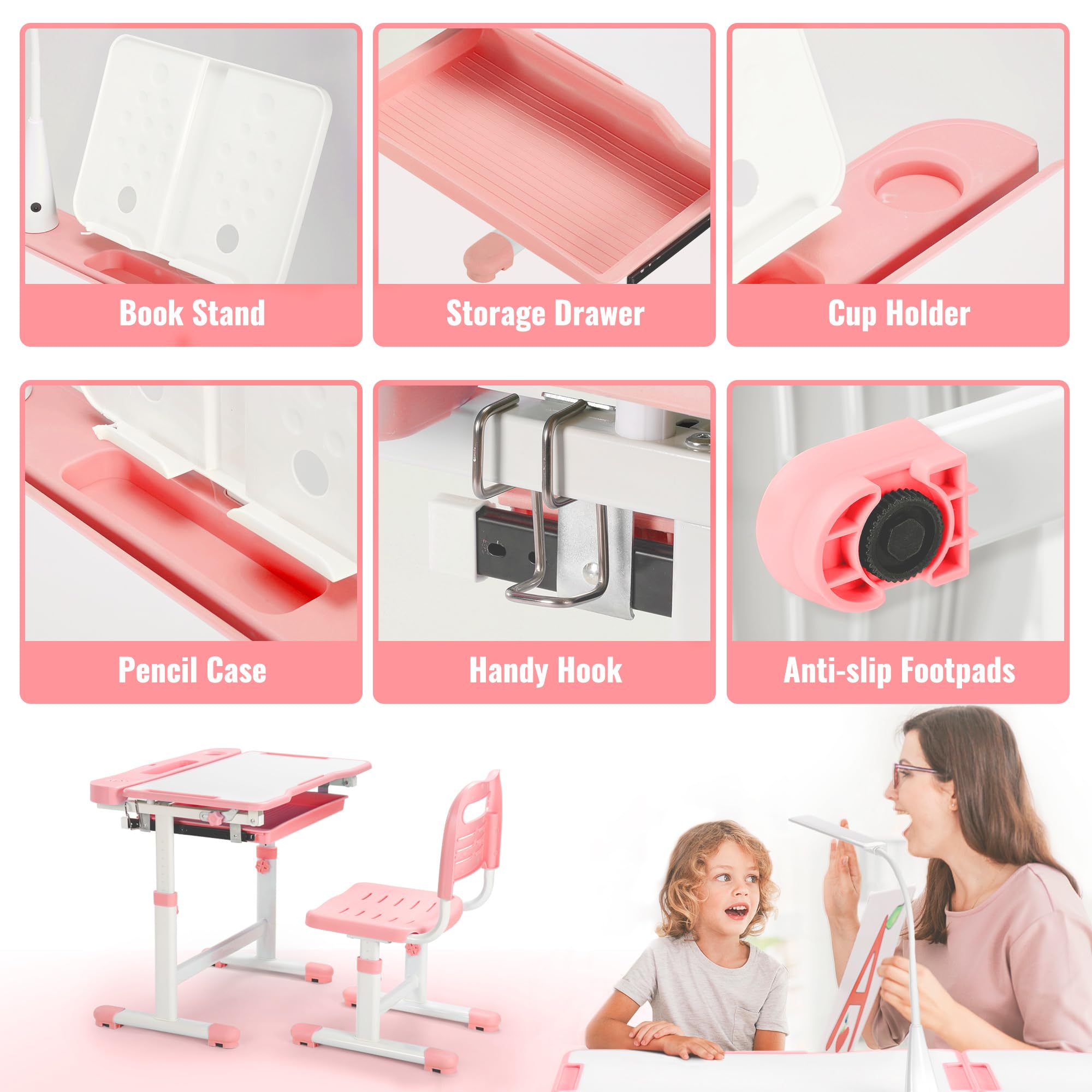 Height Adjustable Kids Desk and Chair Set with LED Light
