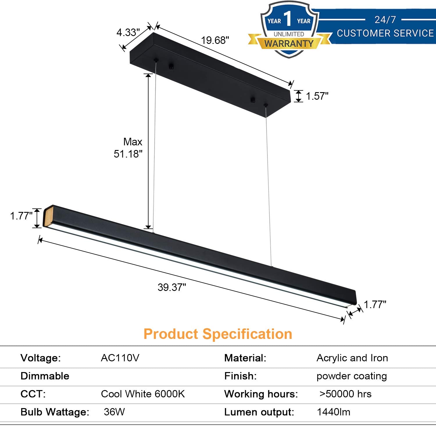 LED Linear Pendant Light 36W Dimmable