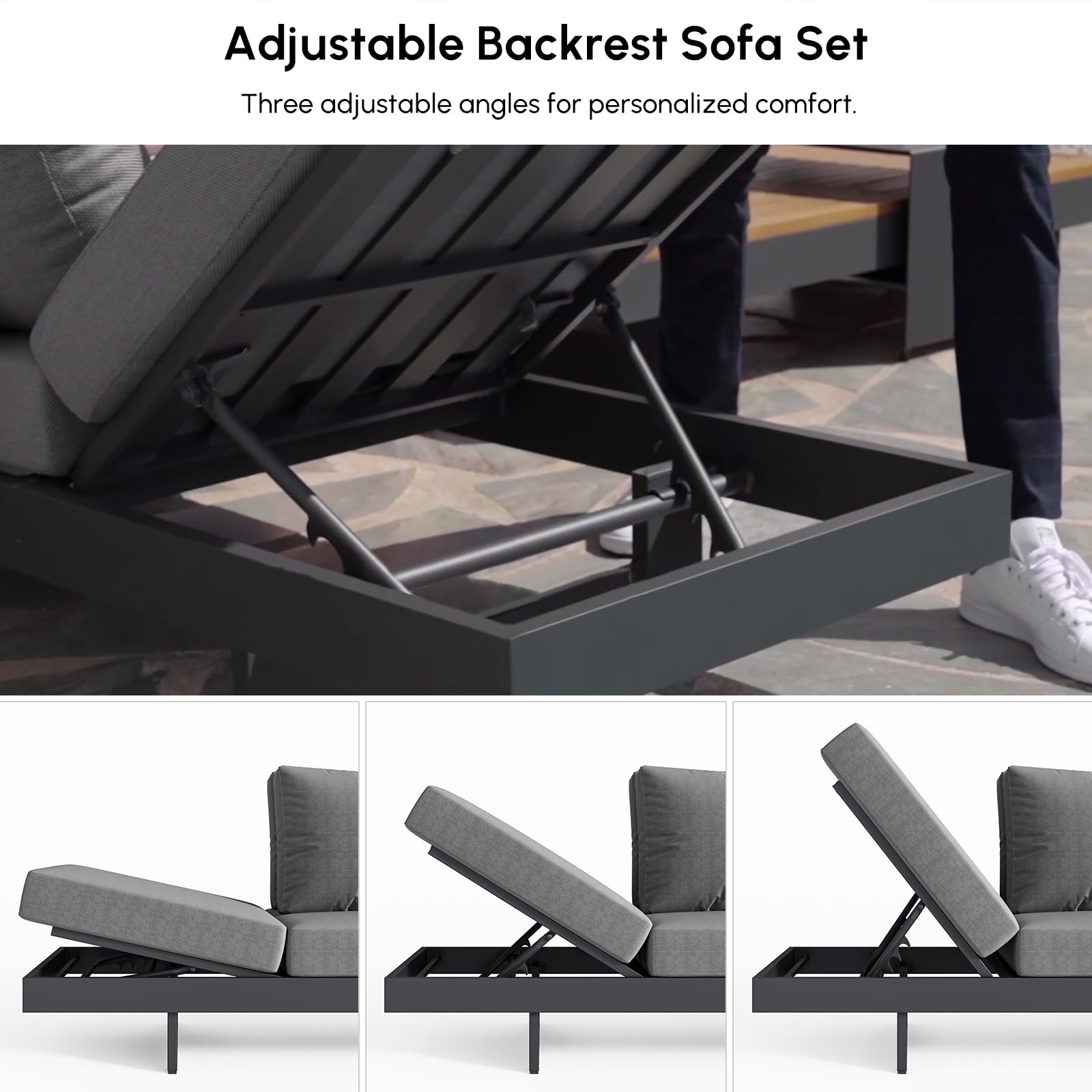 6 Piece Aluminum Teak Patio Sectional Sofa Set with Adjustable Backrests