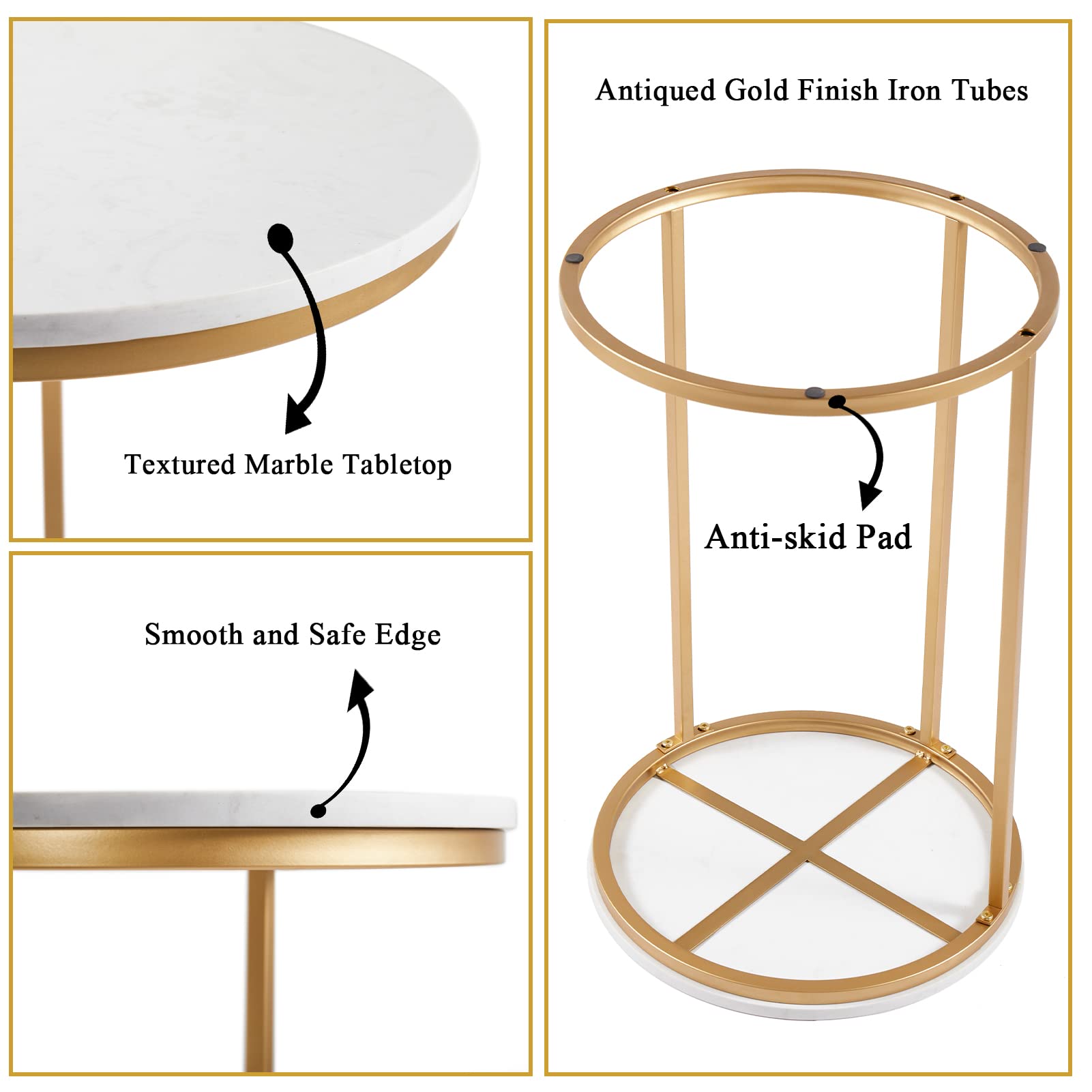 C-Shaped Marble End Table with Gold Frame